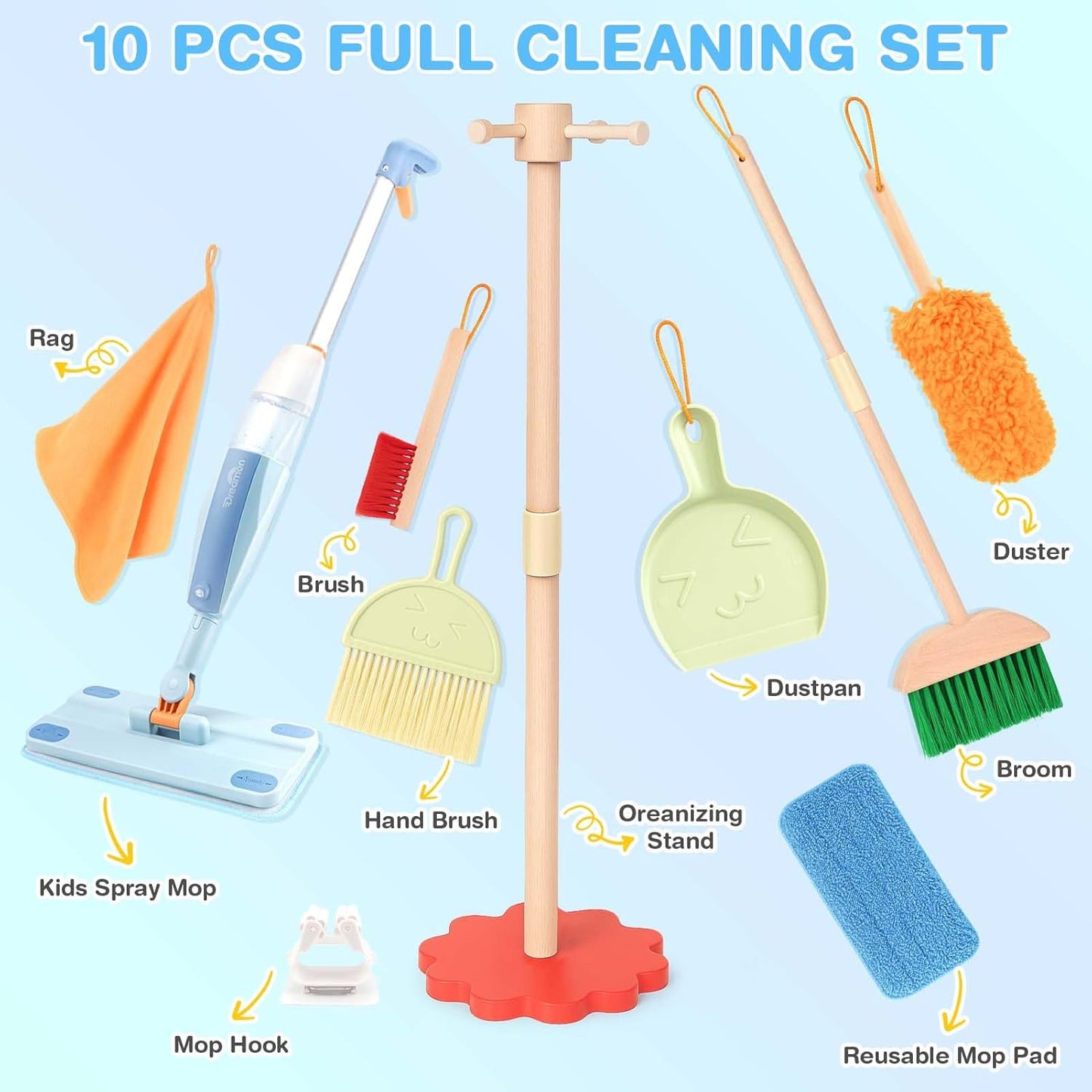 Dreamon Kids Spray Mop - Real Working Toddler Cleaning Set with Water Sprayer & 3 Washable Mop Pads & Scraper, Pretend Play Montessori Housekeeping Toys Gifts for Toddlers Kids Girls Boys(Blue)