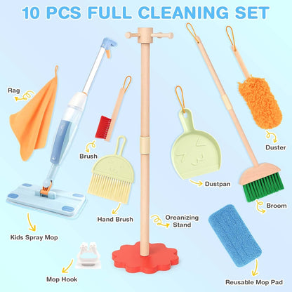 Dreamon Kids Spray Mop - Real Working Toddler Cleaning Set with Water Sprayer & 3 Washable Mop Pads & Scraper, Pretend Play Montessori Housekeeping Toys Gifts for Toddlers Kids Girls Boys(Blue)