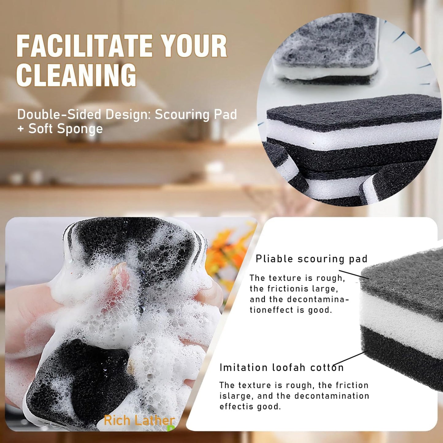 Dish Sponges for Kitchen, Individually Wrapped Dishwashing Sponges, Non Scratch Scrub Sponges for Dishes, Pots, Pans and Sink, Multipurpose Cleaning (Black and White)