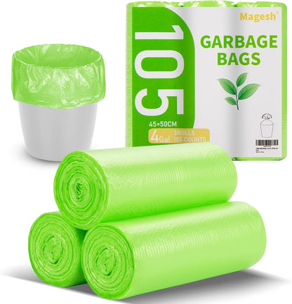 Magesh 4 Gallon Trash Bag Strong, Leakage-Free, Small Garbage Bags Unscented Thick for Bathroom, Office, Kitchen Small Trash Can, 15L, 105 Bags, Clear