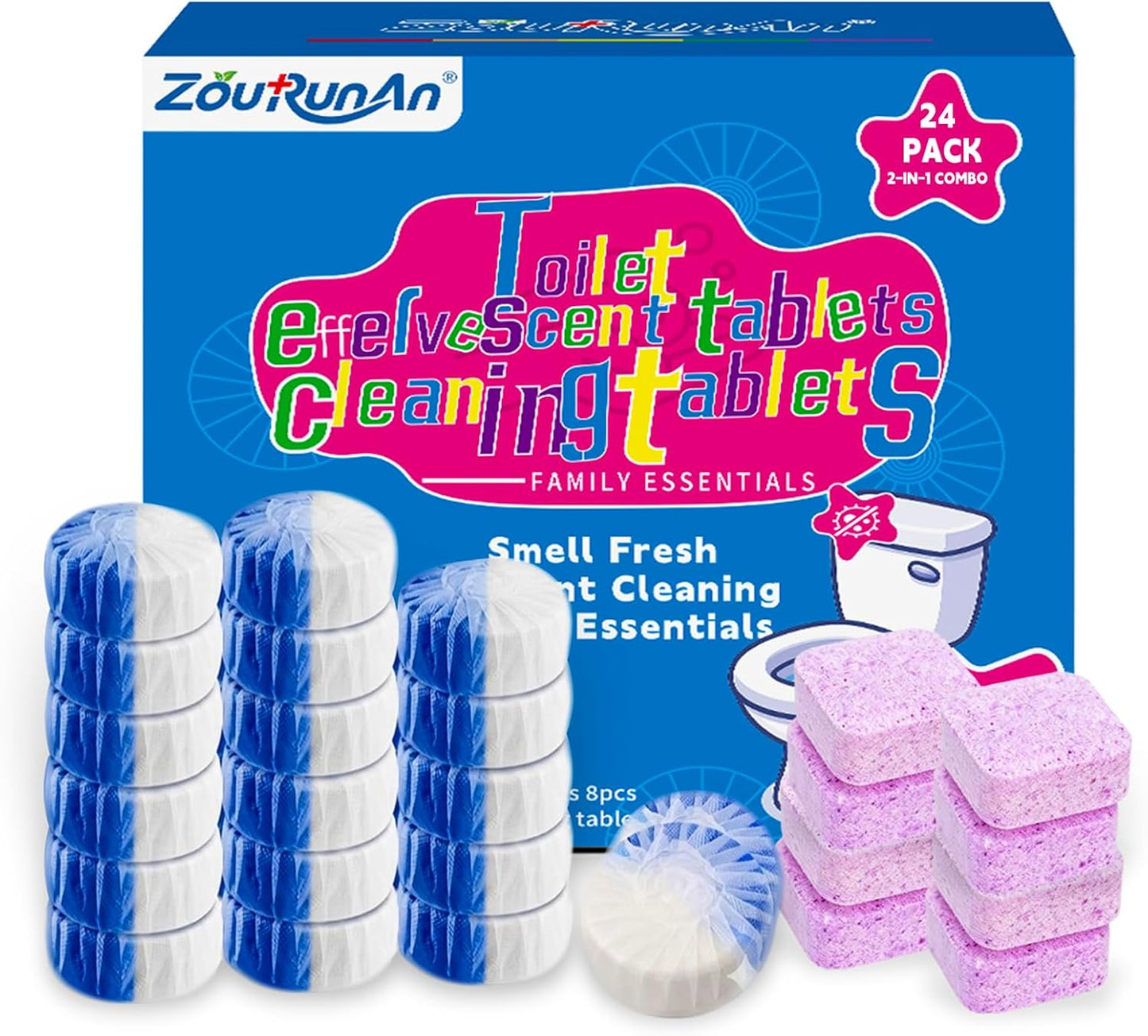 2-in-1 Toilet Cleaning Tablets (48 Pack) - 16 Effervescent Toilet Bowl Stain Remover and 32 Blue White Toilet Tank Cleaner Tablets - Limescale Removal for Septic System