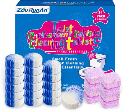 2-in-1 Toilet Cleaning Tablets (48 Pack) - 16 Effervescent Toilet Bowl Stain Remover and 32 Blue White Toilet Tank Cleaner Tablets - Limescale Removal for Septic System