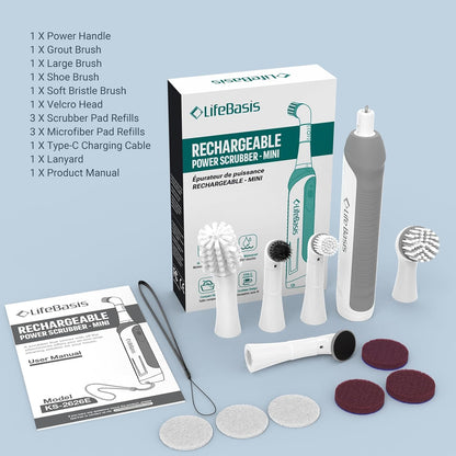 LifeBasis Rechargeable Power Scrubber, Cordless Electric Cleaning Brush, Water Resistant Small Electric Grout Brush with 5 Brushes for Home/Kitchen/Bathroom/Grout/Tile/Shower/Tub, White