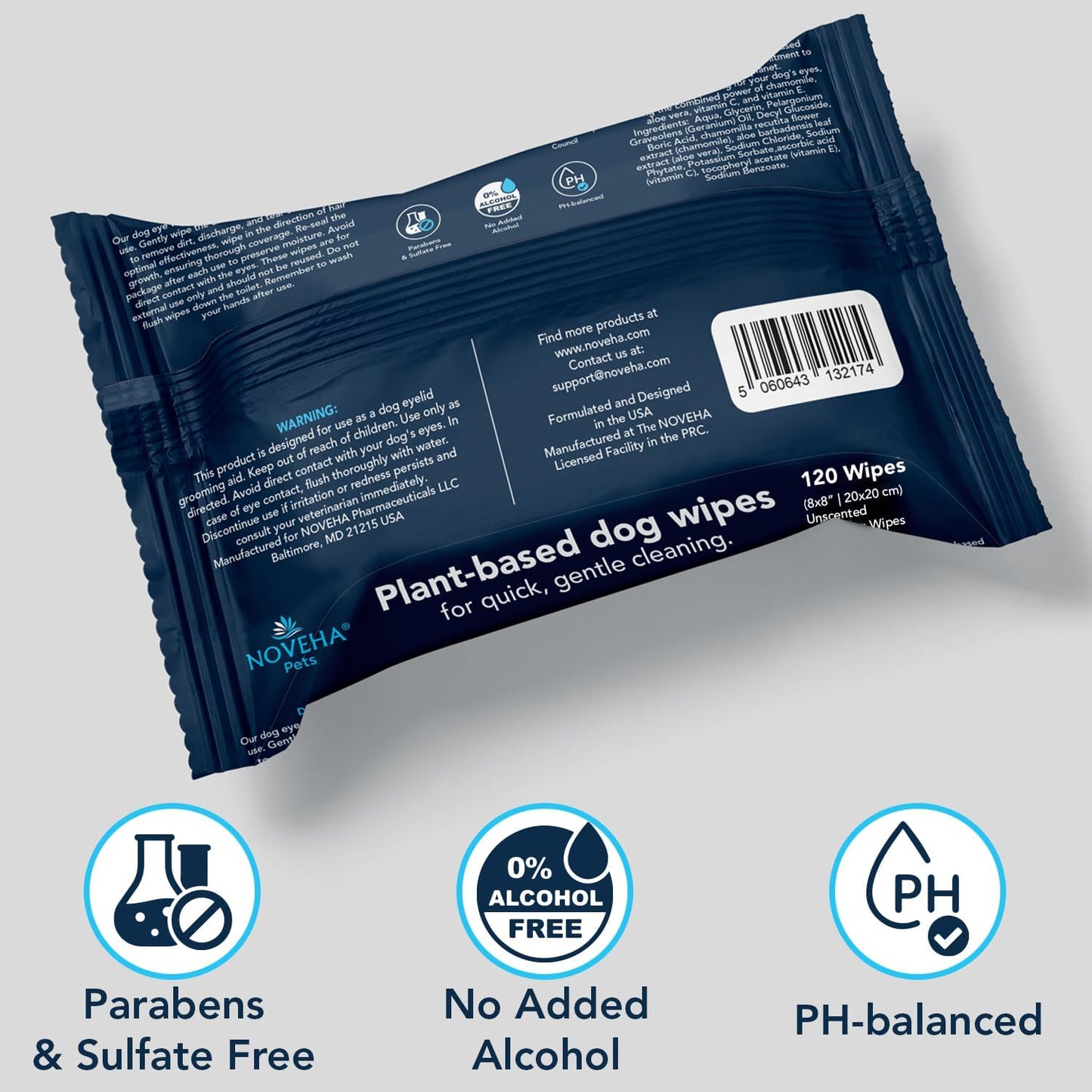 NOVEHA 120PCs XL Formulated Pet Wipes for Dogs & Cats - Safe for Facial & Finger Folds, Underarms, Groin, Hot Spots, Redness & Skin Relief, On-the-Go Size 5.5" x 7"