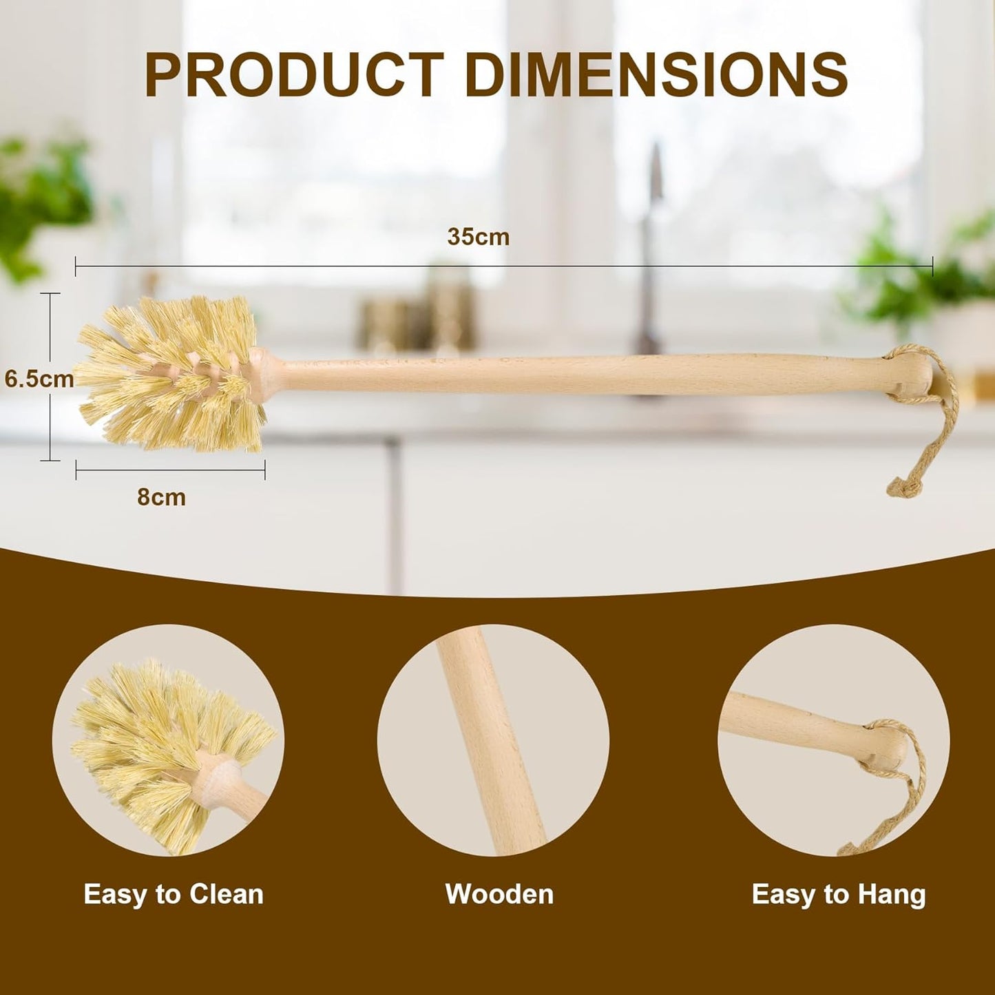DEBETOOL 2-Pack Natural Wooden Bottle Brush with Sisal Bristles, Long Handle Bottle Brush Cleaner for Wide Mouth Jars, Water Bottles, Cups, Glasses, Baby Bottles (Non-Scratch)