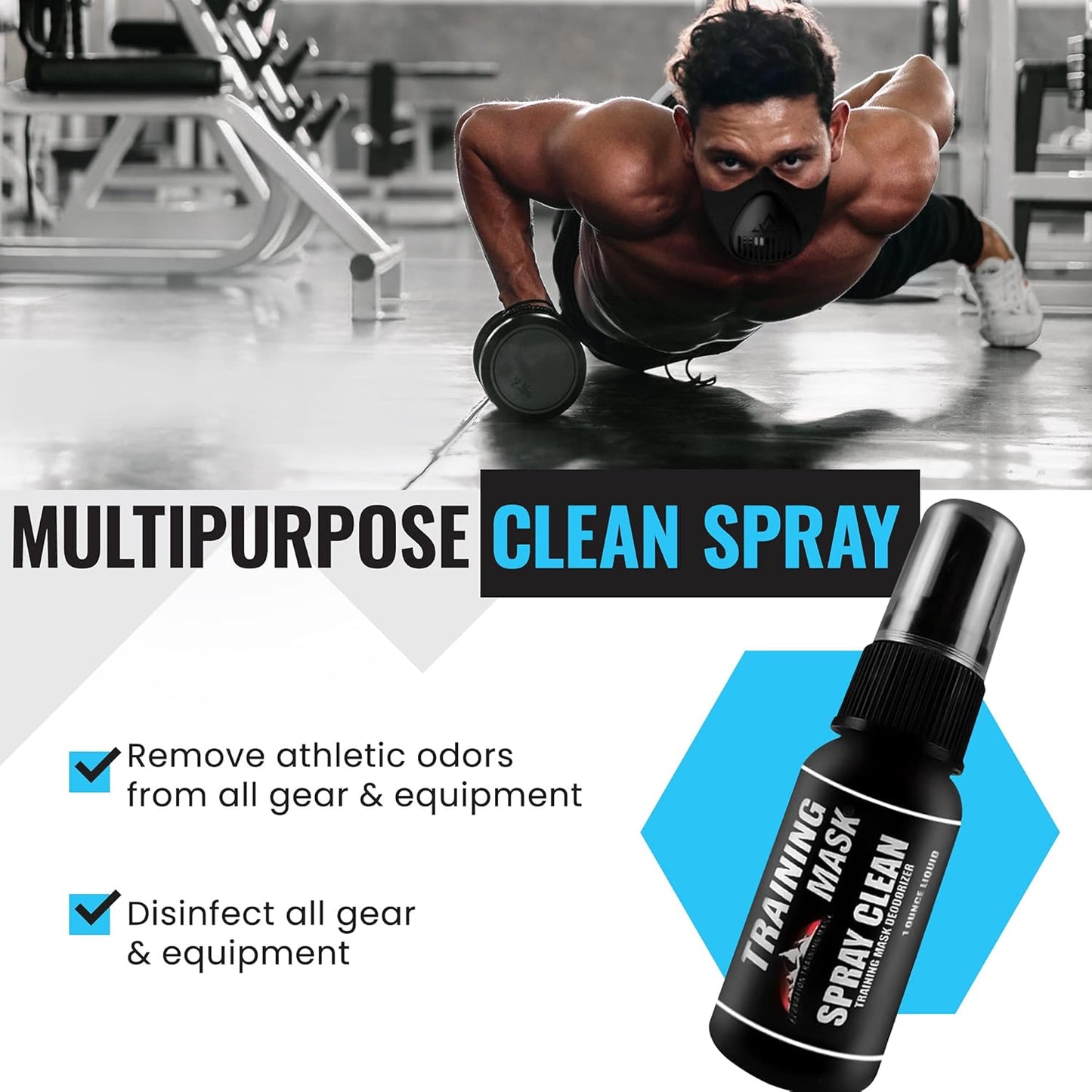 TRAININGMASK - Spray Clean Defense, Multipurpose Face Mask Spray, Mask Spray with Fresh Scent, Deodorizing Fabric Refresher Spray for Face Masks, Gears, and More, 1 fl oz