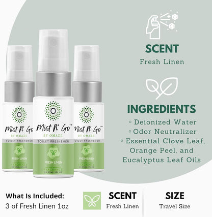 Mist N’ Go by Omaze Travel Bathroom Spray for Toilet Spray Odor Eliminator - Travel Toilet Spray for Bathroom Air Freshener Spray for Bathroom Deodorizer - Clean Mix, Travel Size (1oz x2)