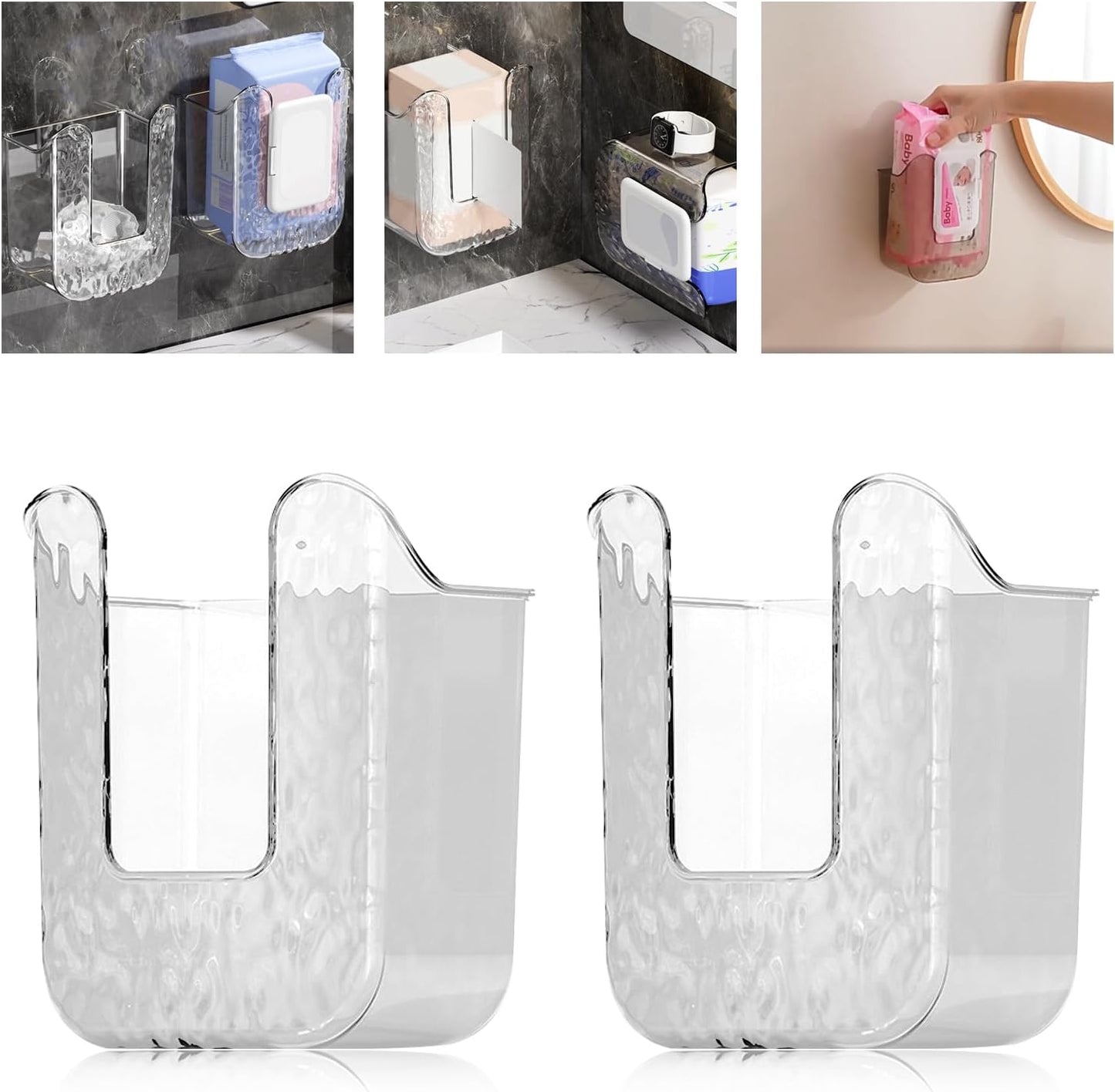 Kitchen Wipes Storage Box, Abnaok 2PCS Wall-Mounted Tissue Box, Flushable Wipes Holder for Bathroom, Refillable Wipes Container Box, Non-Slip Toilet Wipes Container Keeps Wipes Fresh