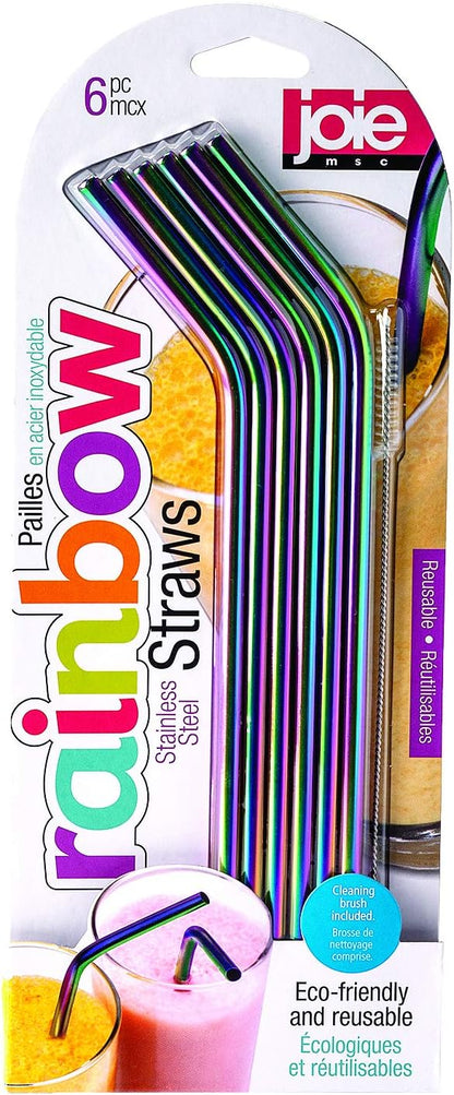 Joie Silicone Straws with Cleaning Brush, Set of 6, Rainbow Color Assortment