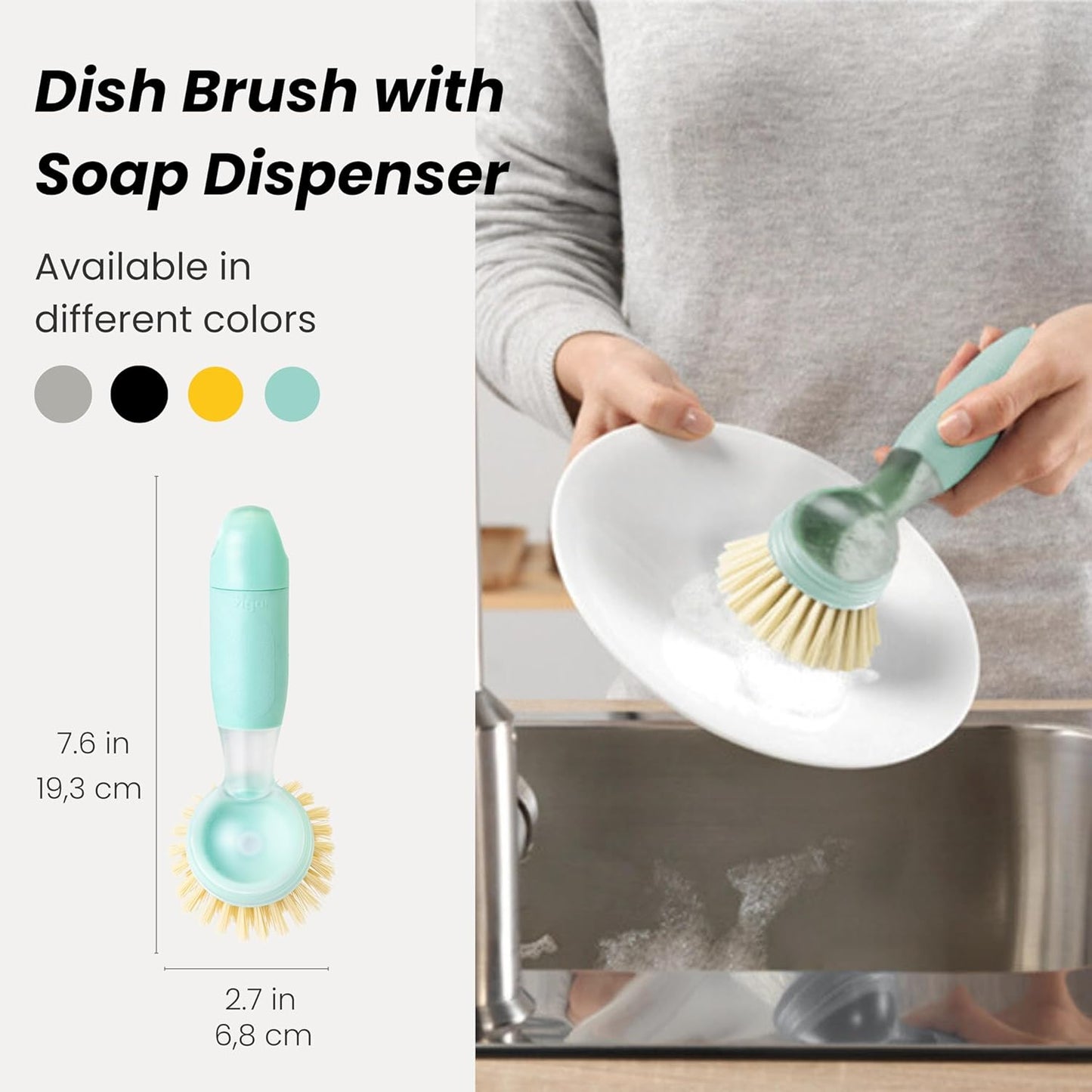 Vigar Rengo Soap Dispensing Dish Brush, Dish Brush with Soap Dispenser for Pot Scrubber, Dishes, Sink Cleaner, and Kitchen Essentials, Black