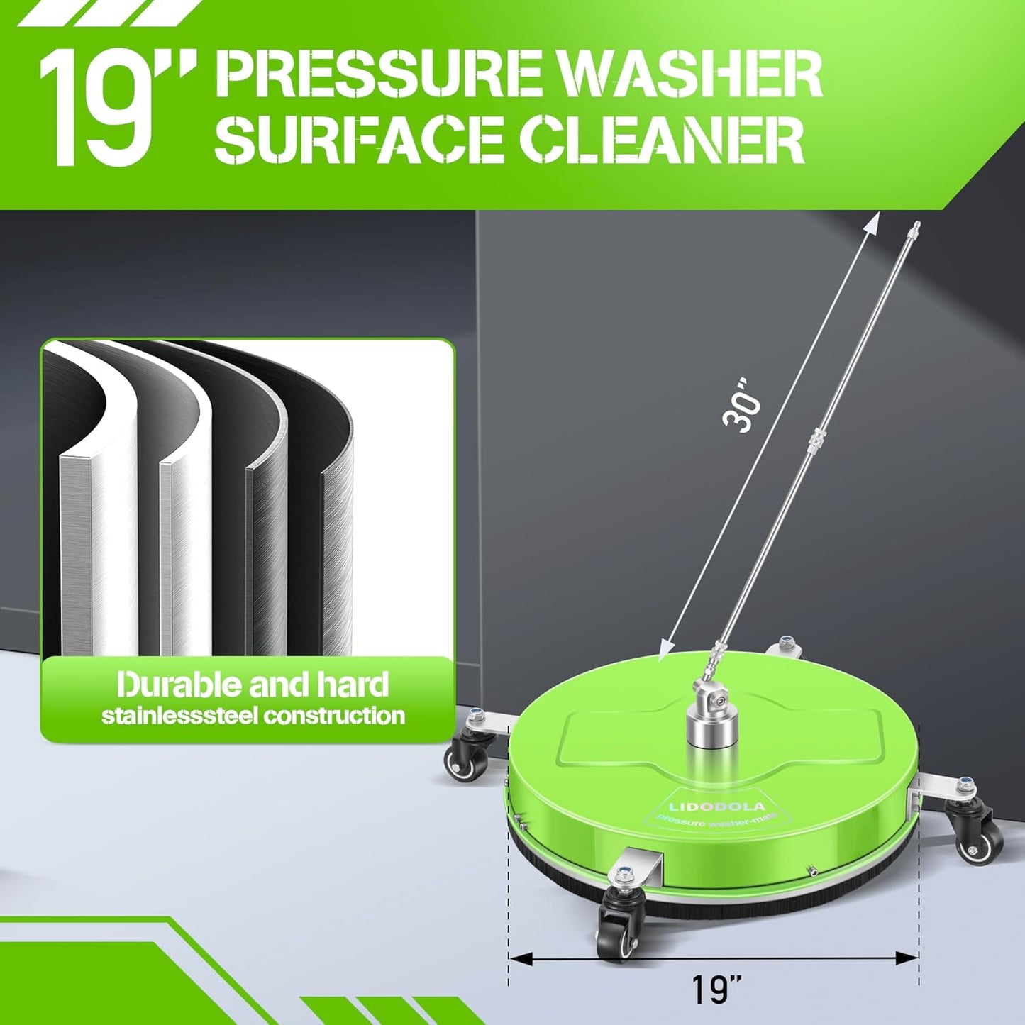 14" Pressure Washer Surface Cleaner with 4 Wheels - Stainless Steel Surface Cleaner for Pressure Washer Attachment for Concrete, Patio, Sidewalk, Deck and Driveways - PWS14
