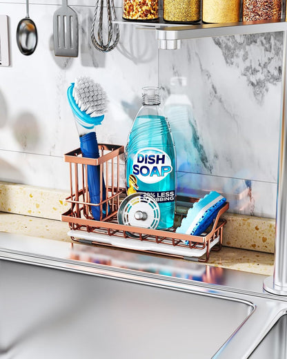 Consumest Sink Caddy, Kitchen Sponge Holder with Dish Brush Holder, Kitchen Organizer with Drip Tray for Countertop, Stainless Steel Rustproof - Silver