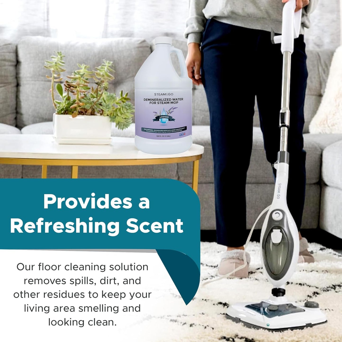 Steam & Go Demineralized Water for Steam Cleaner - PVC-Free Floor Cleaning Solution Compatible for All Steam Mops - Multi-Surface Cleaner for Home Surfaces - Lavender Scent, 32 oz