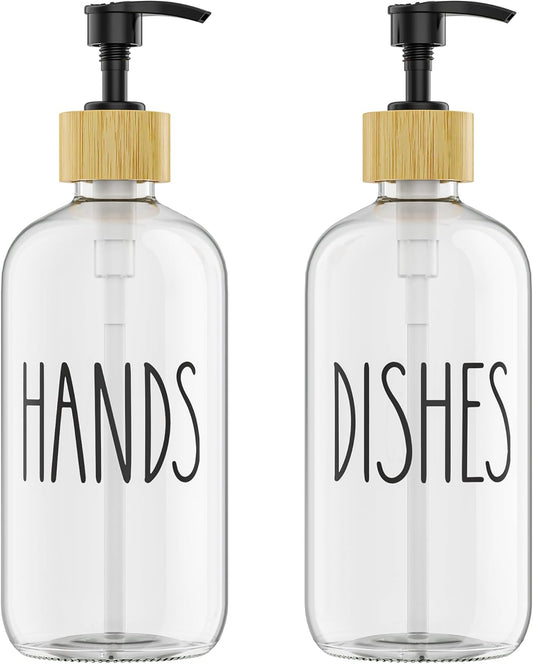 Cisily Kitchen Dish Soap Dispenser Set with 2 Pack 16.9oz Black Glass Bottle and Sponge Holder, Dish Soap Dispensers with Adjustable Sponge Holder, Vintage Hand and Dish Soap Dispensers Set