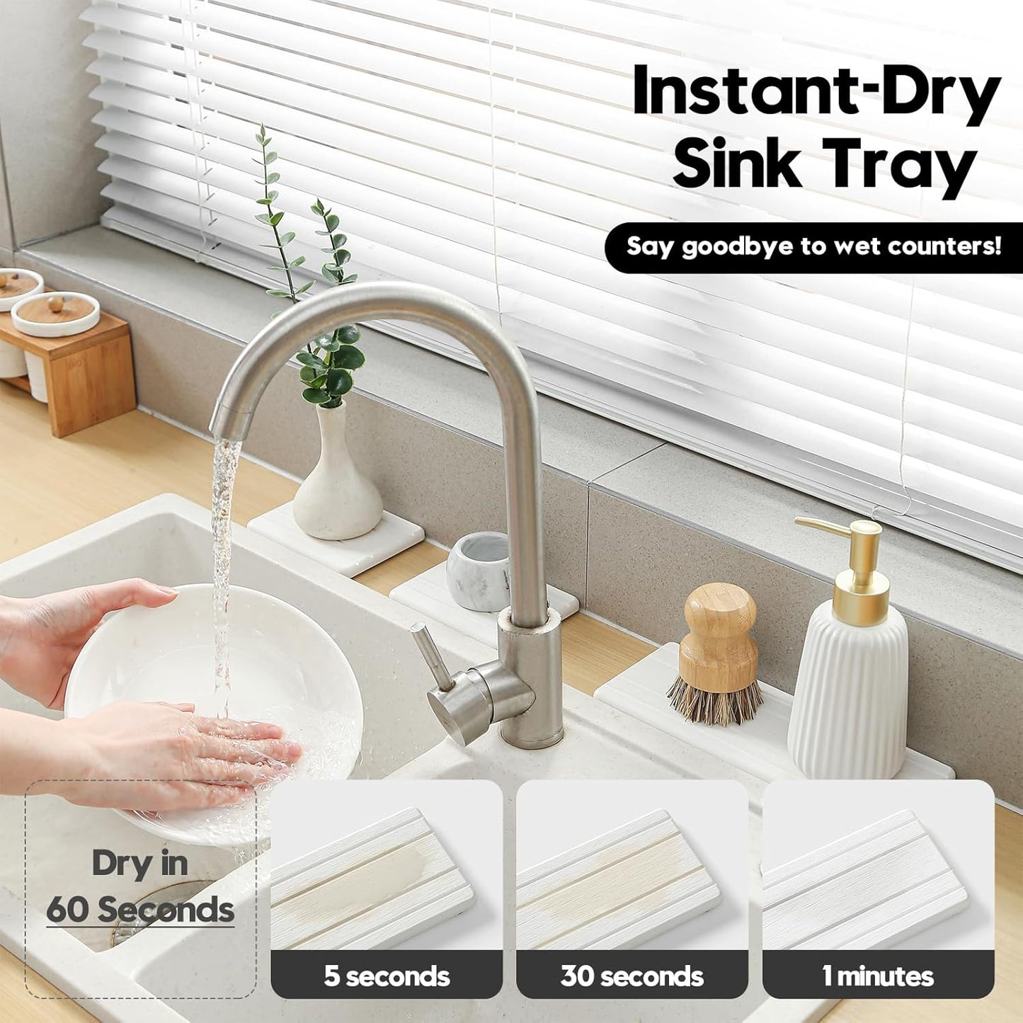 Fast Water Absorption Sink Organizer Tray Set, 3-Pack Compact and Space-Saving Stone Soap Holder Caddy for Kitchen & Bathroom Counter, Faucet Splash Guard, White (1pc of 8"x3.8" + 2pcs of 3.8"x3.8")