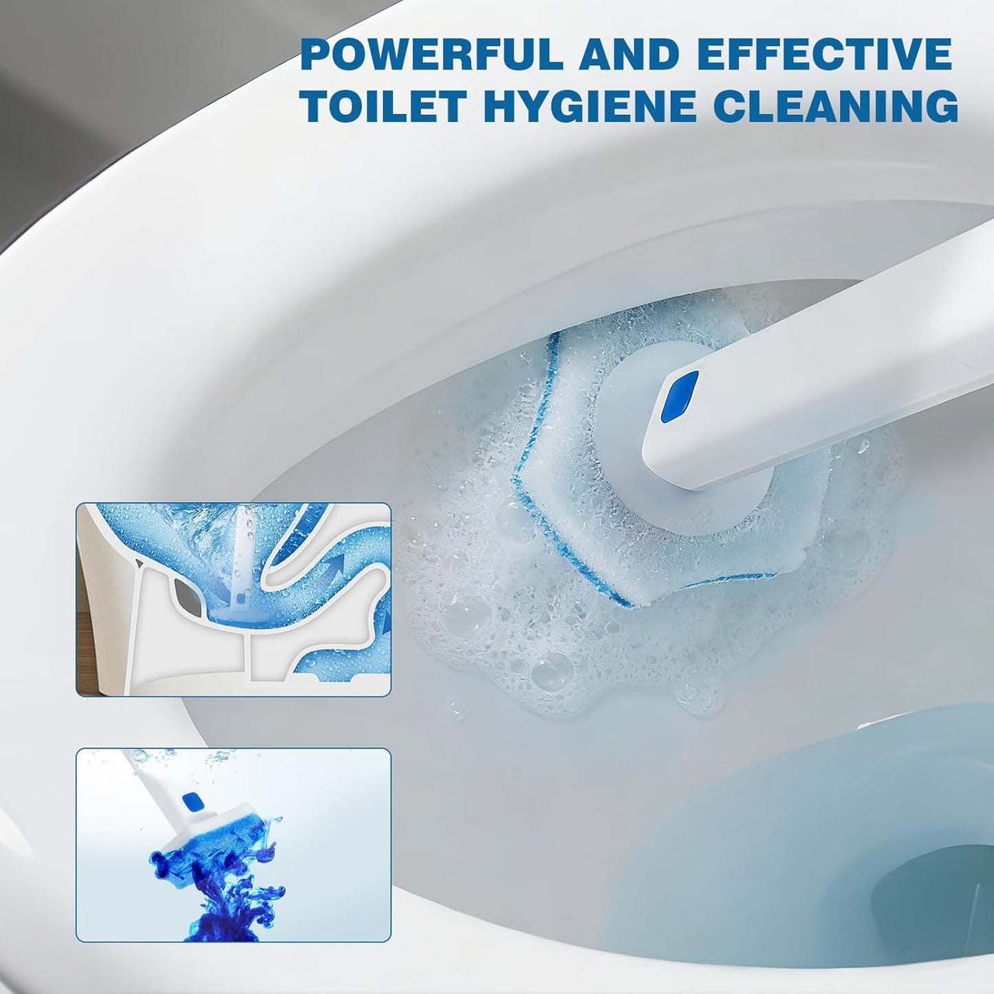 Disposable Toilet Brush Set with Holder, White and Blue, Includes 16 Cleaning Refills (1+16 Refills)