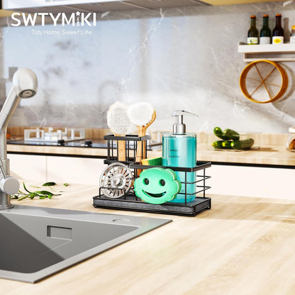 SWTYMIKI Sponge Holder for Kitchen Sink - 2 Tier Rustproof Sink Caddy with Instant Drying Stone, Removable Dish Brush Holder, Stainless Steel Kitchen Caddy for Coutertop Storage Accessories