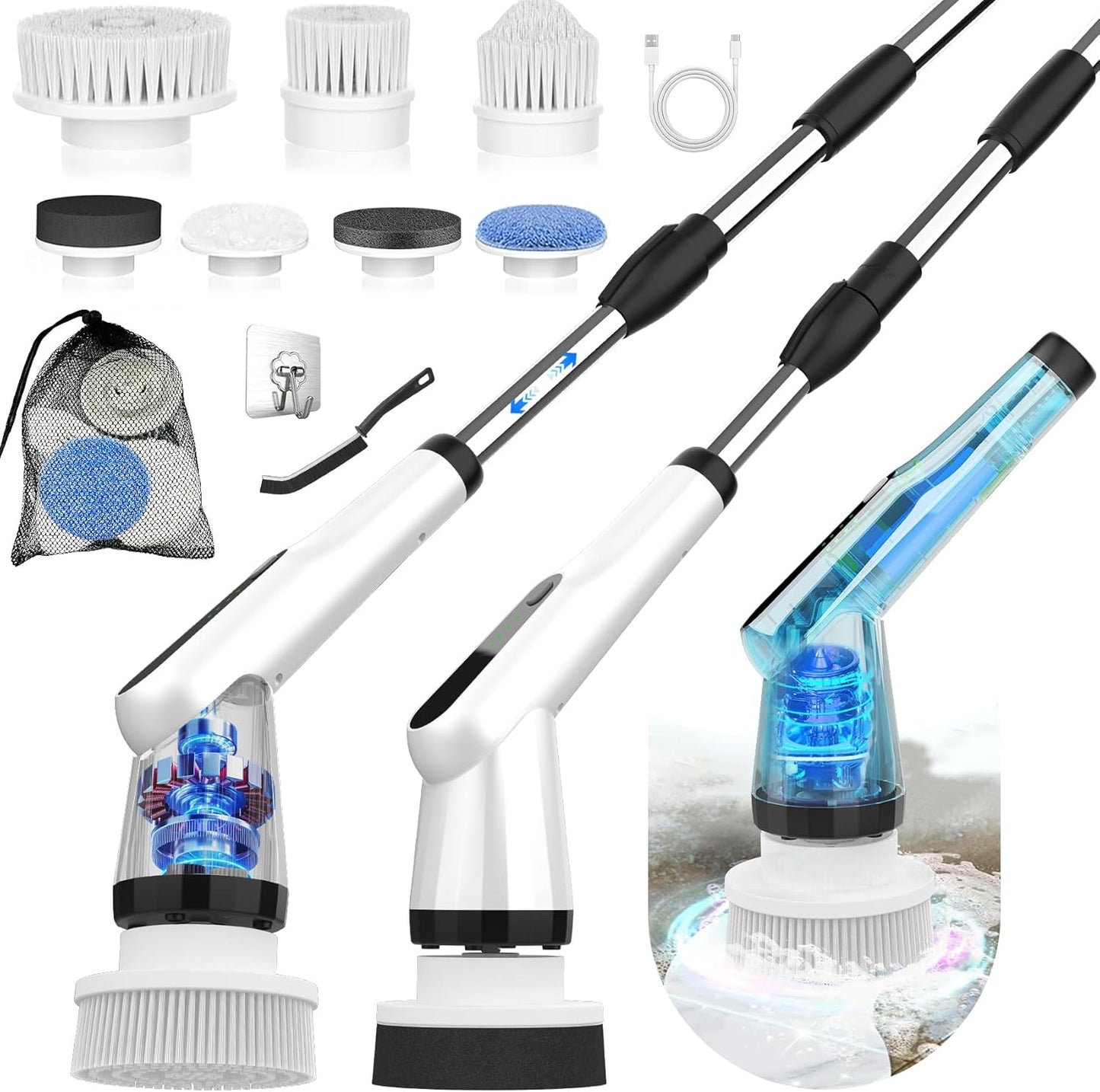WKY-G3-Electric Spin Scrubber - Upgraded 10-in-1 IPX7 Waterproof Shower Cleaner Brush, Retractable Handle & 2-Speed for Toilet, Bathroom, Bathtub, Tile Floors Black