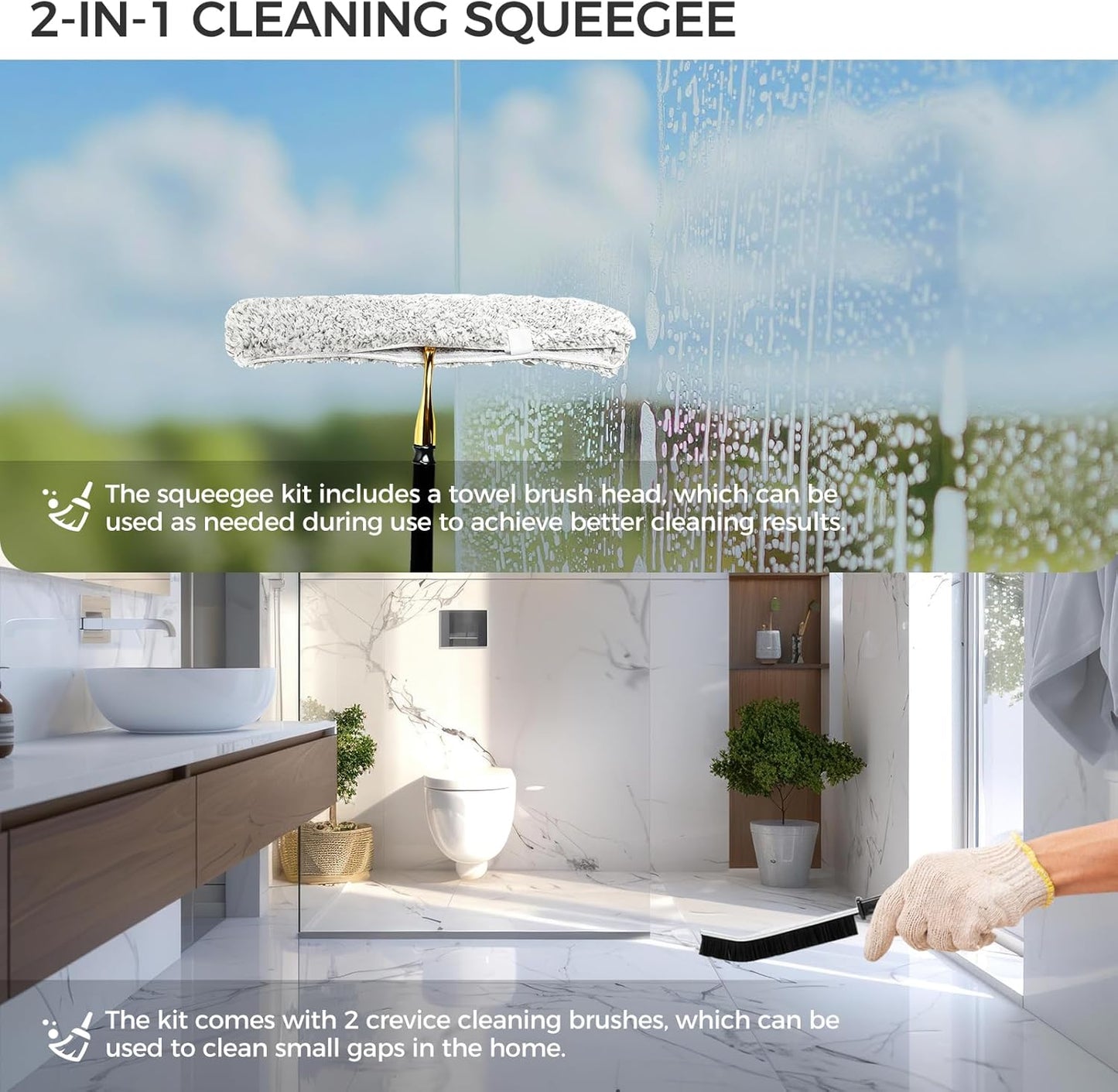 16.7“- 59.5" Long Handle Window Squeegee with Extension Pole, 12.4" Wide Metal Shower Squeegee for Glass Doors, 2-in-1 Squeegee for Home Window Cleaning, Tile Wall, Car (Silver)