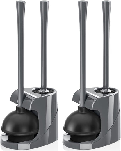 Toilet Plunger and Brush, Bowl Brush and Heavy Duty Toilet Plunger Set with Ventilated Holder, 2-in-1 Bathroom Cleaning Combo with Modern Caddy Stand for 5.7-inch Toilet Drain(Black, 2 Set)