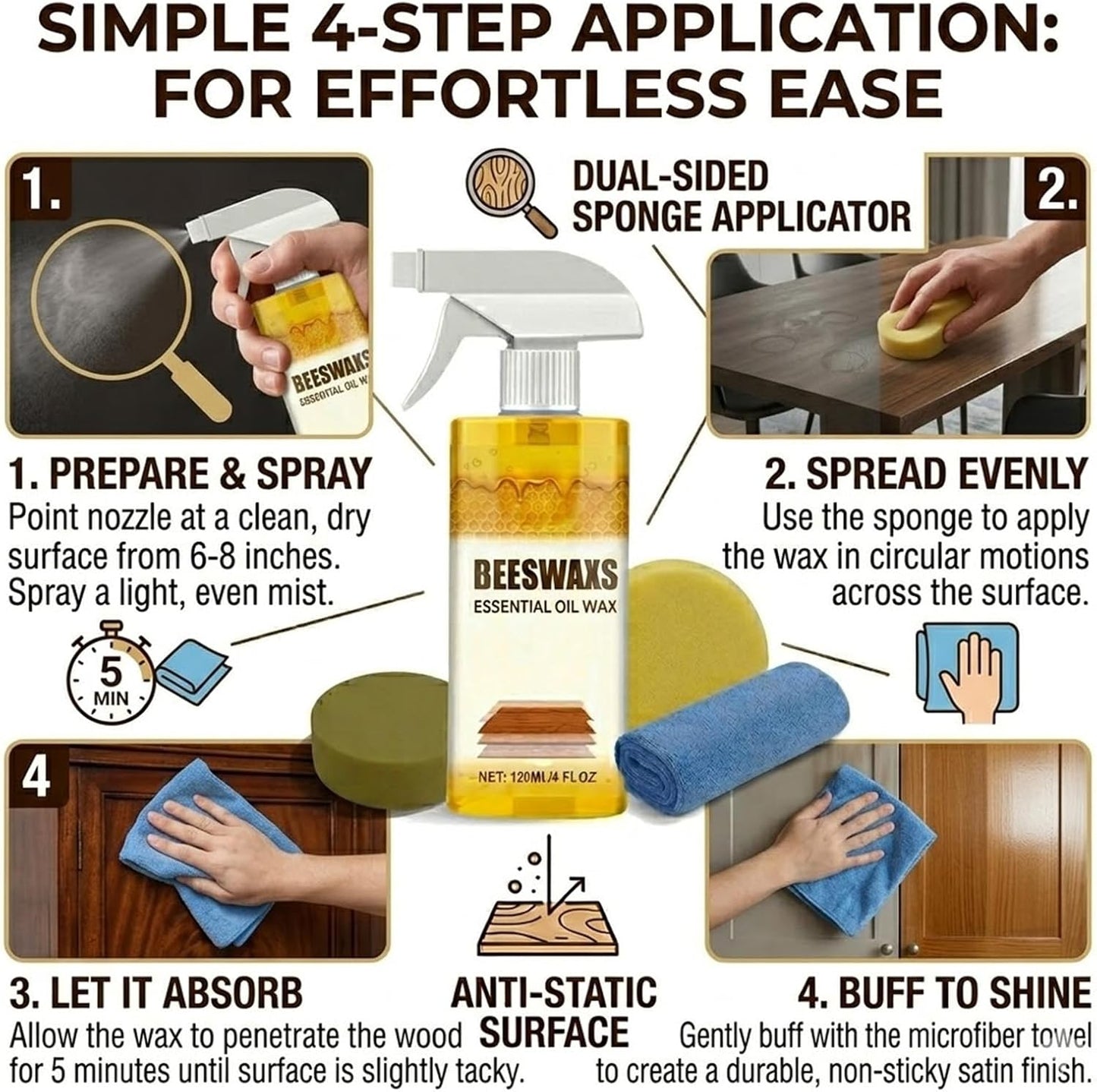 Natural Beeswax Repairing and Care Spray, 120ml Beeswax Wood Polish Spray, Restores Shine & Removes Scratches, For Wood Floors, Furniture and Wooden Cabinet (1 Set)