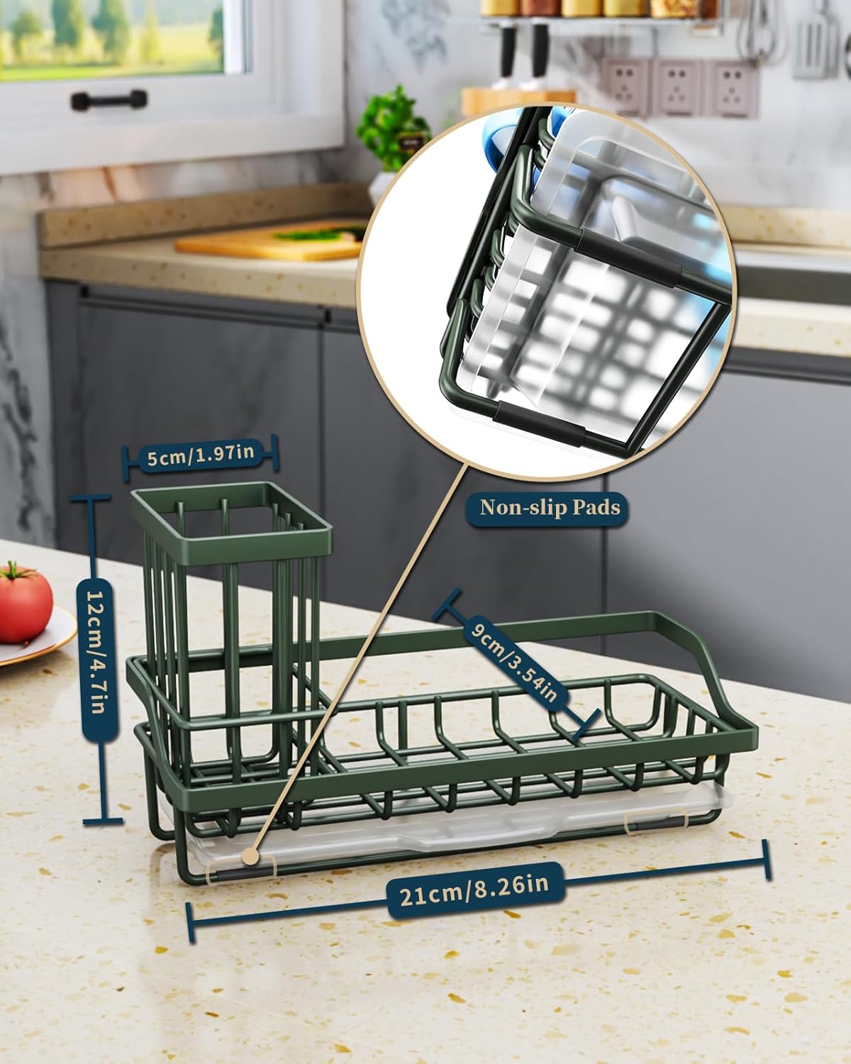 Consumest Sink Caddy, Kitchen Sponge Holder with Dish Brush Holder, Kitchen Organizer with Drip Tray for Countertop, Stainless Steel Rustproof - Silver