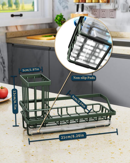 Consumest Sink Caddy, Kitchen Sponge Holder with Dish Brush Holder, Kitchen Organizer with Drip Tray for Countertop, Stainless Steel Rustproof - Silver