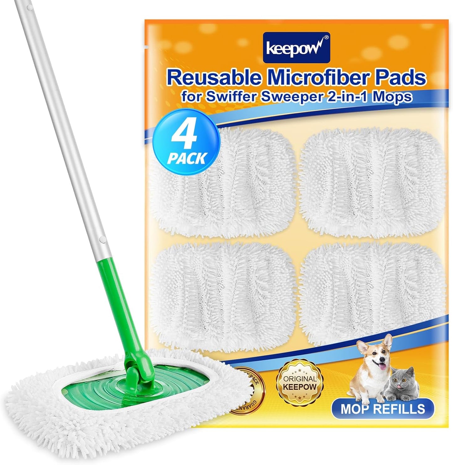 KEEPOW Reusable Microfiber Mop Pads Compatible with Swiffer Sweeper, Dry Sweeping Cloths, Washable Wet Mopping Cloth Refills for Hardwood Floor Cleaning, 6 Pack