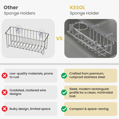 KESOL 3-in-1 Sponge Holder for Kitchen Sink, Hanging Caddy for Double Bowl Sinks, Stainless Steel Sponge with Dishcloth Holder, Brush & Soap Rack, Kitchen Sink Accessories, Silver