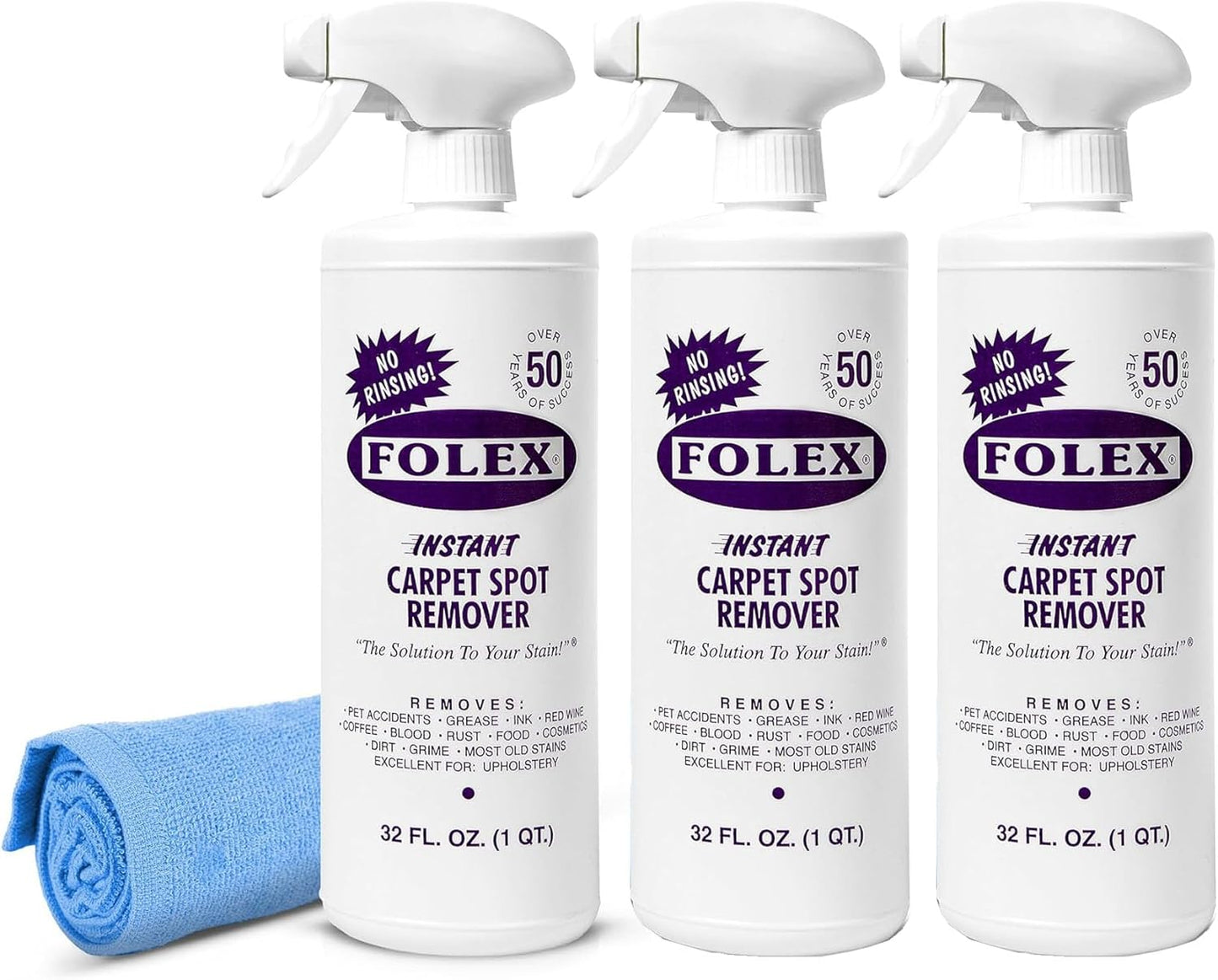FOLEX Instant Carpet Spot Remover 32 oz – Powerful Stain Remover for Carpets, Upholstery & Rugs – Eliminates Pet Stains, Grease, Red Wine, Food, Makeup & More – With Reusable Cleaning Cloth – 1 Pack