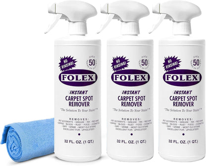 FOLEX Instant Carpet Spot Remover 32 oz – Powerful Stain Remover for Carpets, Upholstery & Rugs – Eliminates Pet Stains, Grease, Red Wine, Food, Makeup & More – With Reusable Cleaning Cloth – 1 Pack