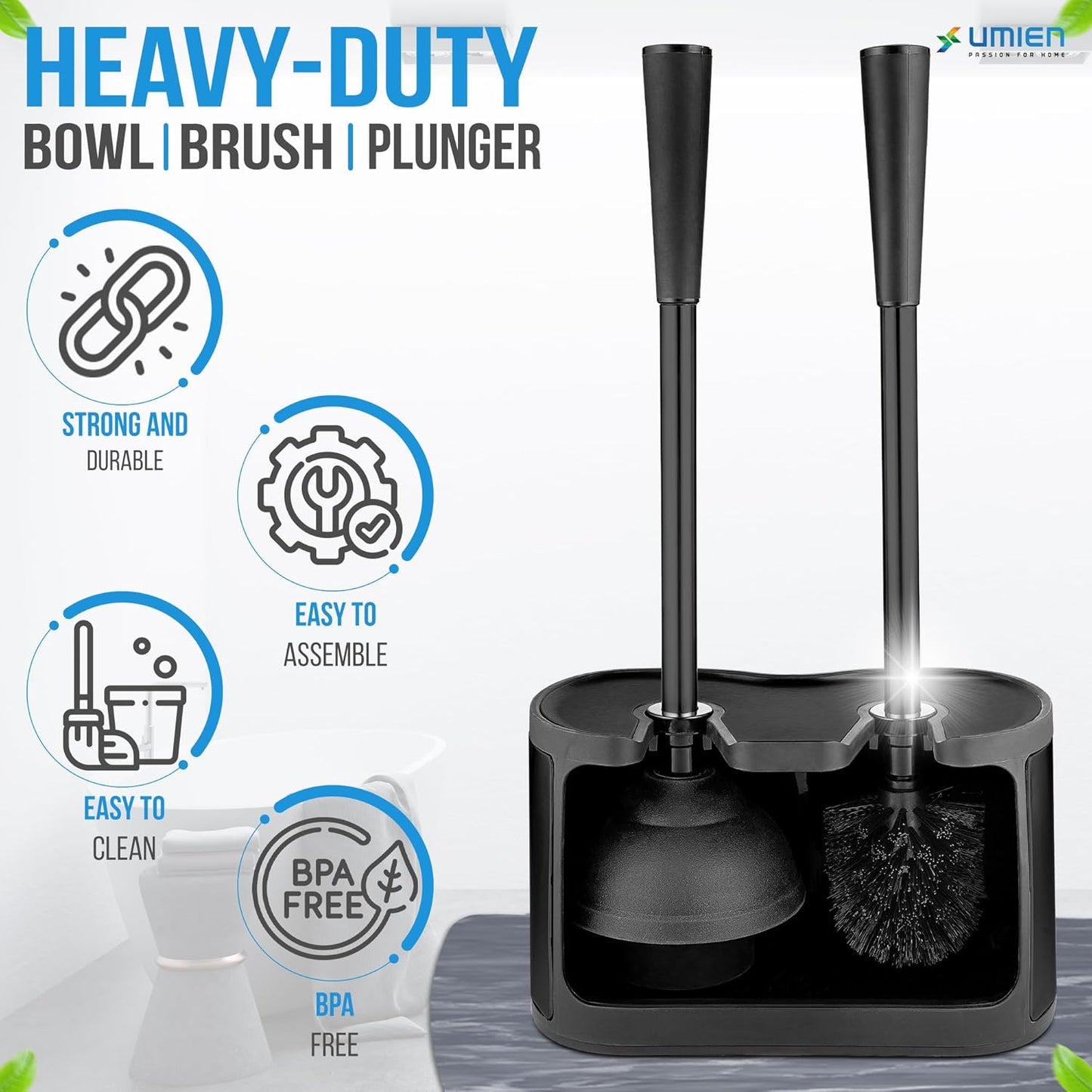 UMIEN Toilet Brush and Plunger Set 18-in - Updated 2025 No-Rust - Stainless Steel Design - Long Handles - with Freestanding Canister