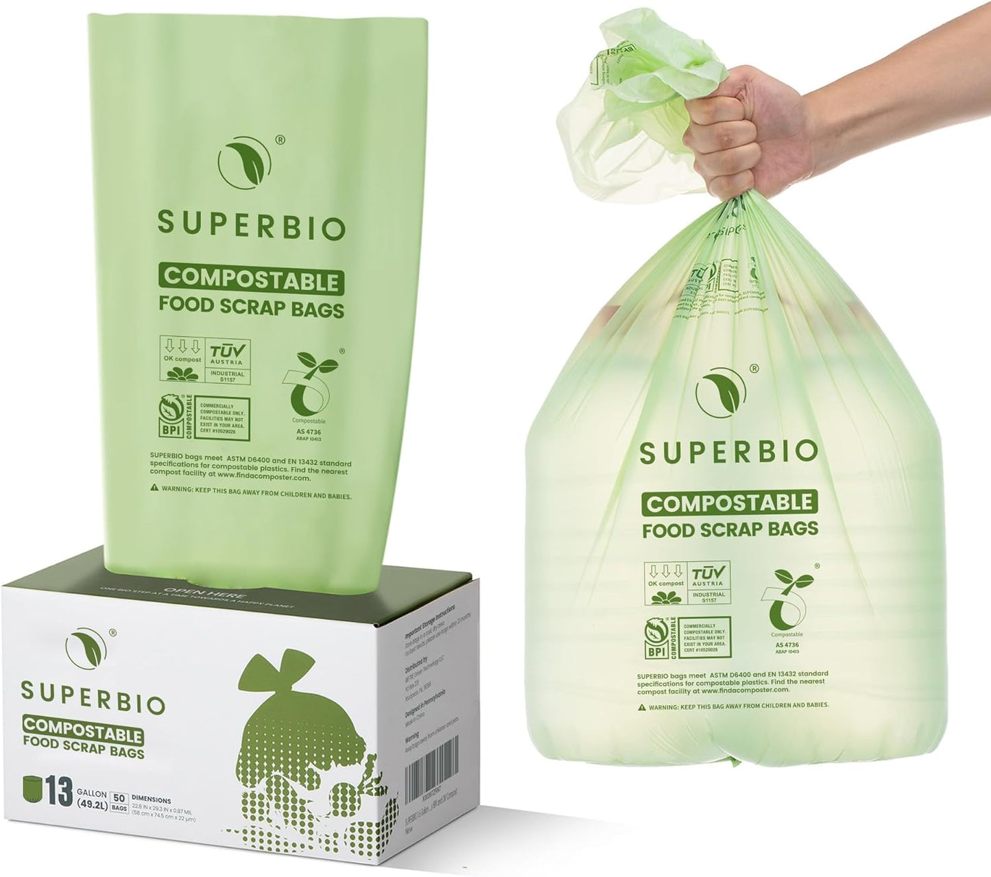 SUPERBIO 13 Gallon Compostable Kitchen Waste Bags with Handles, Food Scrap Bags Certified by BPI, OK compost INDUSTRIAL, 30 Count, 49.2L