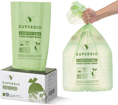SUPERBIO 1.6 Gallon Handle Tie Compostable Food Scrap Bags For Counter Top Compost Bin, Small Compost Bags, 50 Count, 6 Liter, BPI & OK compost INDUSTRIAL Certified