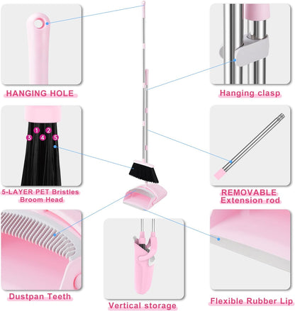 BSKLIN Broom and Dustpan Set, 52” Long Adjustable Handle Broom with Dustpan Combo Set with Dust Pan Teeth to Clean Hair for Home Lobby Office (Pink)