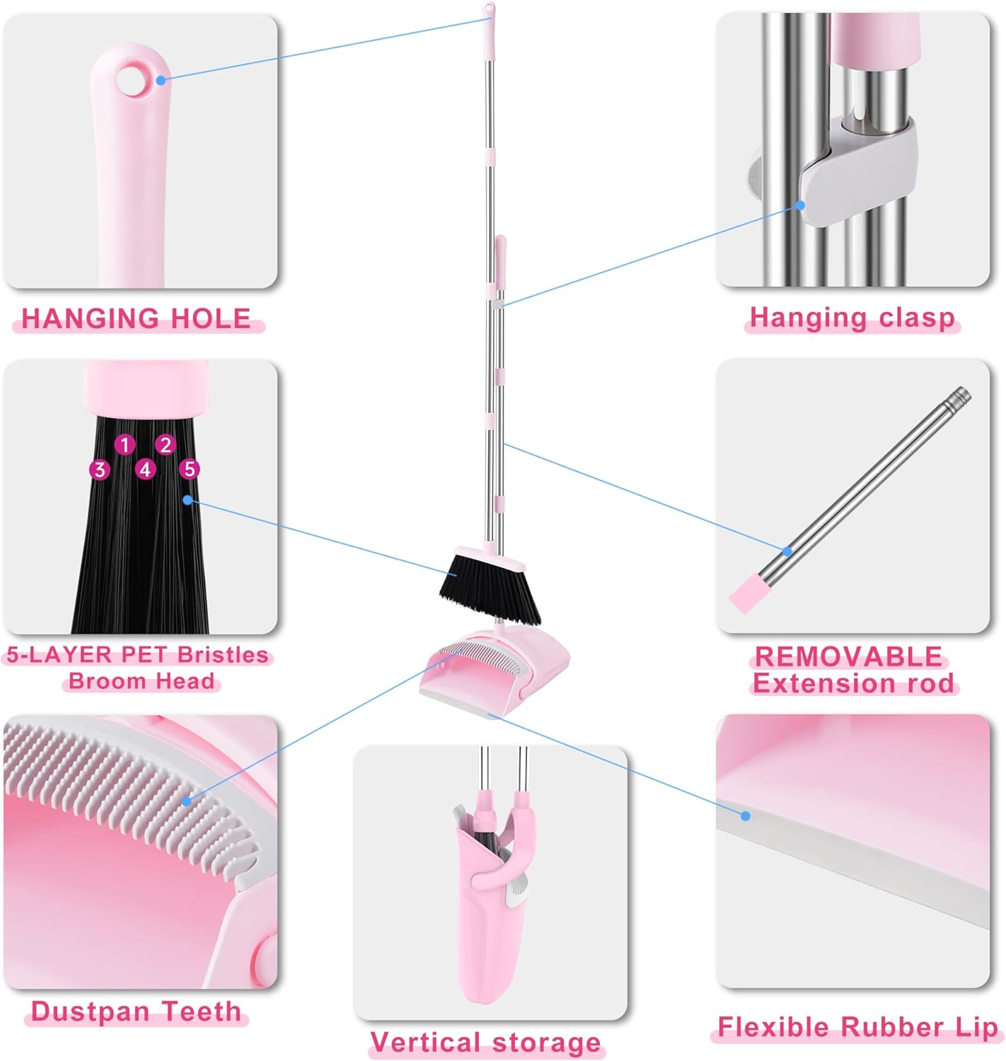 BSKLIN Pink Broom and Dustpan Set, 52-in Handle Broom Dustpan Combo Set Household Hand Broom with Dustpan Teeth to Clean Hair for Home Kitchen Office Lobby Sweeping Indoor（Pink）