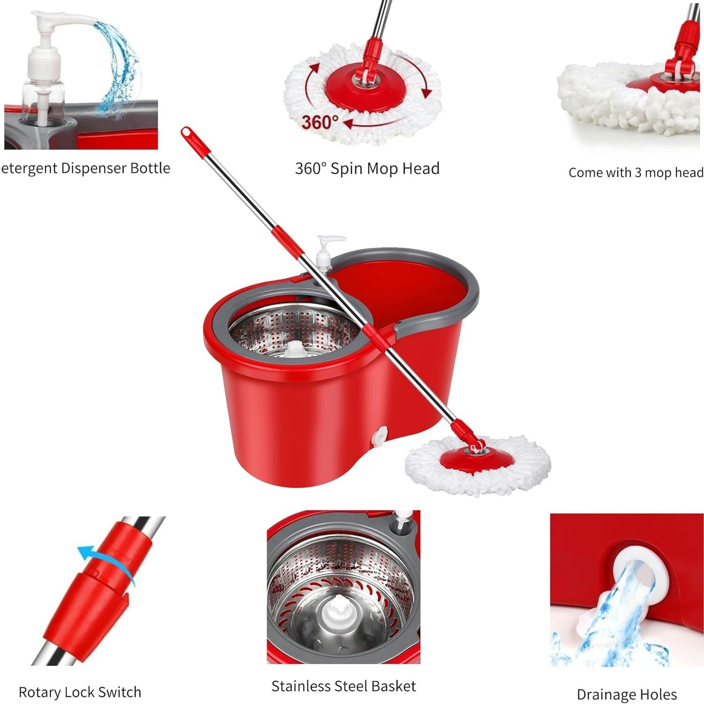 Spin Mop and Bucket with Wringer Set,for Floor Cleaning,with Floor Scrub Brush,61" Adjustable Handle and 6 Microfiber Mop Head(White)