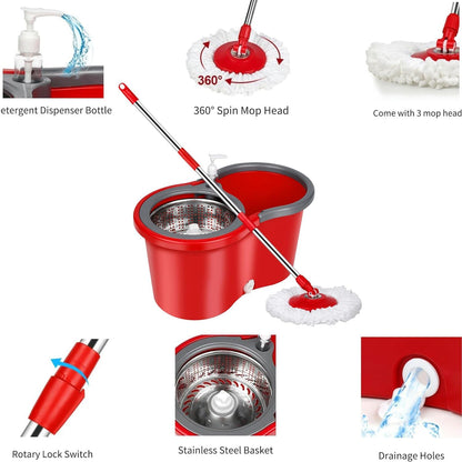 Spin Mop and Bucket with Wringer Set,for Floor Cleaning,with Floor Scrub Brush,61" Adjustable Handle and 6 Microfiber Mop Head(White)