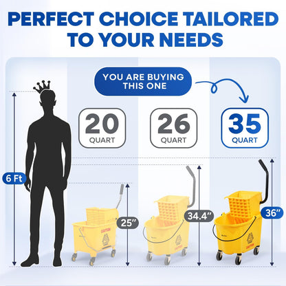 PLASTIC PRINCE Small Mop Bucket with Wringer on Wheels 5 Gallon, Heavy Duty Dual Chamber Mop Bucket Separate Dirty Water, Perfect for Household, 20 Quart Yellow