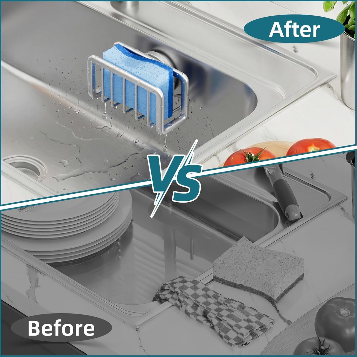 TAILI 4-in-1 Sink Caddy with Strong Suction Cup, Sponge Holder for Kitchen Sink Organizer, Removable, Rustproof, Stainless Steel Holder for Sponge, Brush, Scrubber, Scraper - Silver