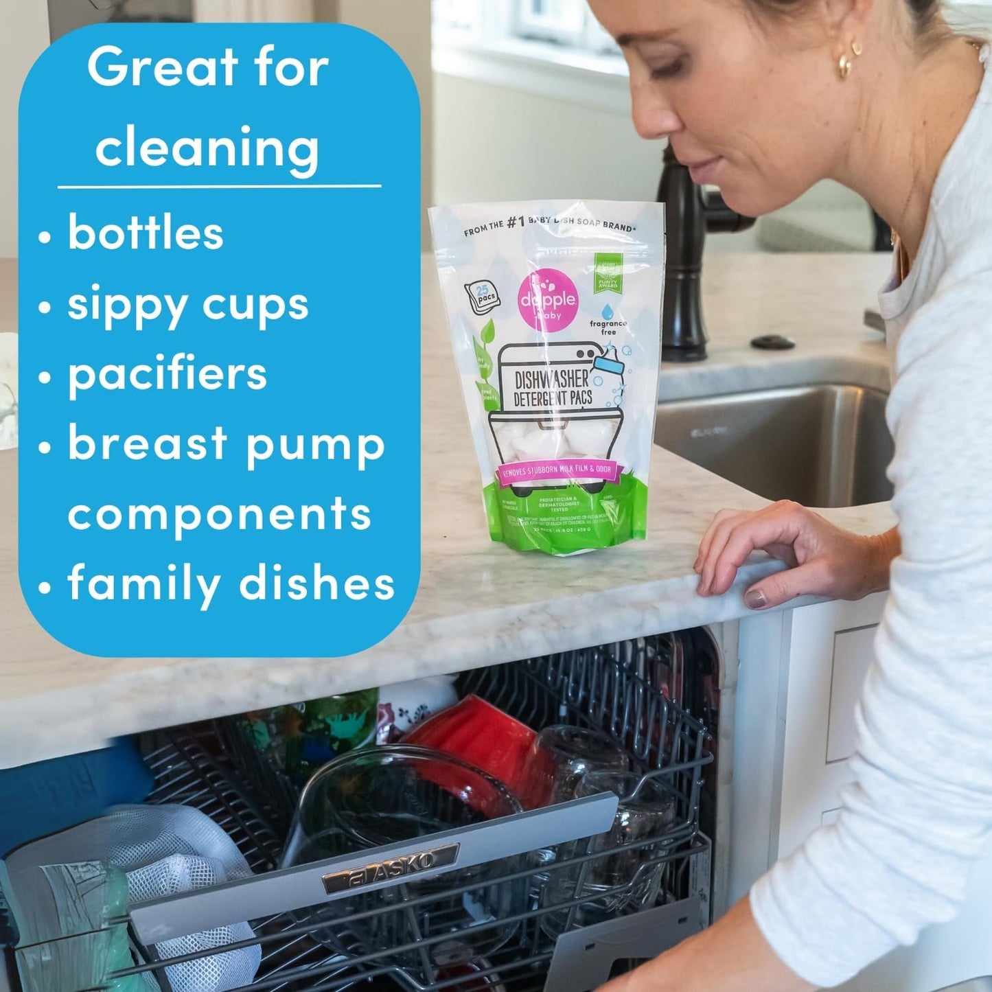 Dapple Baby Dishwasher Detergent Pods - 25 Count - Fragrance-Free, Hypoallergenic & Plant-Powered Dishwasher Pacs - Removes Milk Residue From Baby Bottles