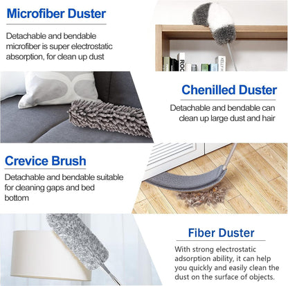 4 Pcs Microfiber Cobweb Duster with 100-inch Extendable Pole, Washable and Reusable Feather Cleaning Duster Kit with 3 Duster Heads,Dusters for Cleaning with Telescopic Pole for High Ceiling Fan