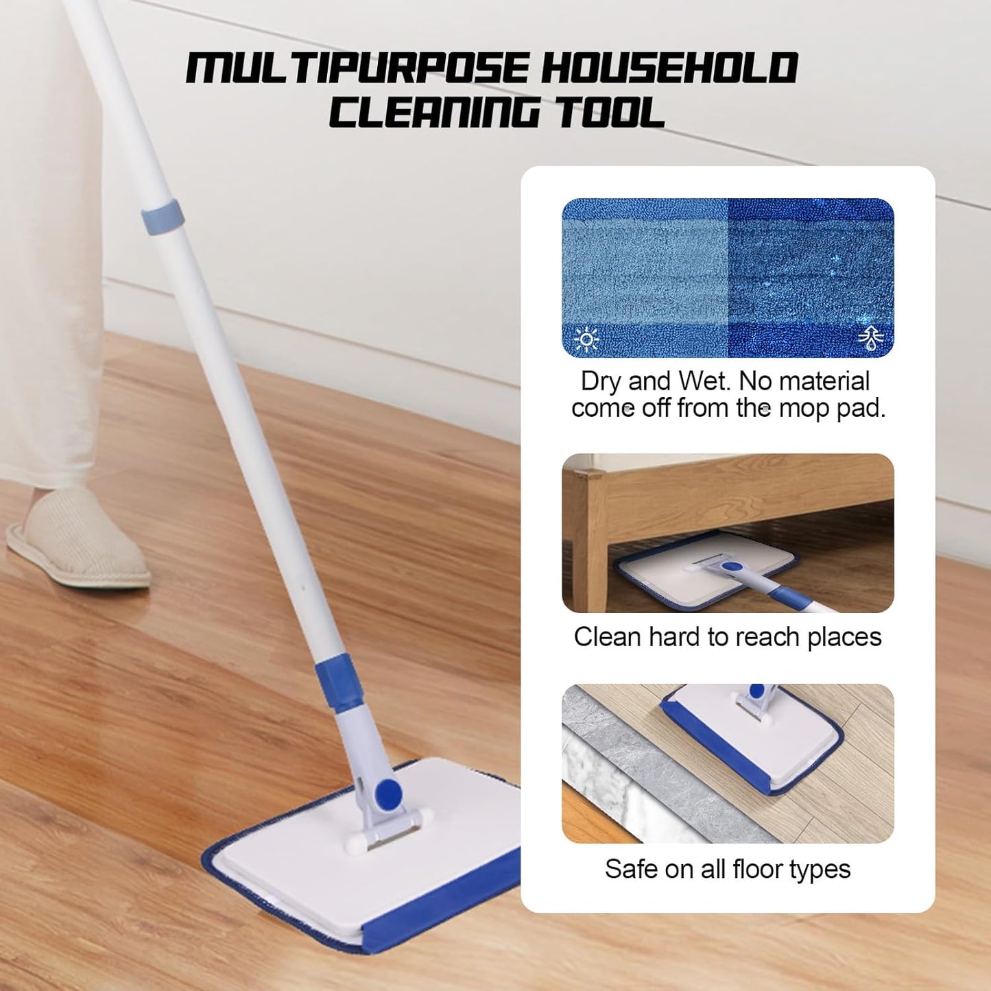 Qaestfy Baseboard Cleaner Tool with Handle, Wall Floor Mop with Extendable Long Handle Duster for Cleaning Window, Floor, Skirting Board, Ceiling, Shower, Tub Tile, Kitchen with 6 Reusable Pads