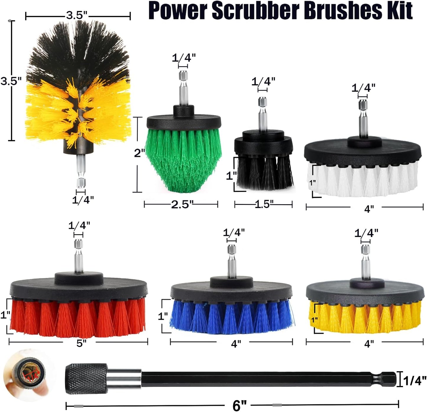 8 Pack Drill Brush Attachment Set,1/4in Power Scrubber Brush + Extend Long Rod, Power Cleaning Scrub Brush for Bathroom, Tub, Tile, Floor, Grout, Boat(White)