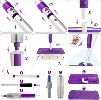 Spray Mops for Floor Cleaning Floor Mop with a Refillable Spray Bottle and 3 Washable Microfiber Pads Home or Commercial Use Dry Wet Flat Mop for Hardwood Laminate Wood (Purple)