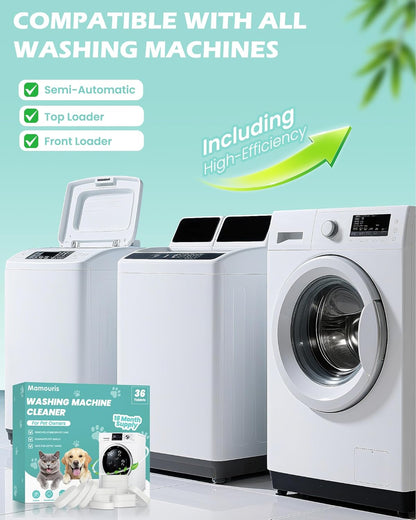 Washing Machine Cleaner Tablets: 24 Pack Deep Cleaning For HE, Front Loader & Top Load Washer, Removes Pet Hair, Odors, Formulated for Pet Owners, Septic Safe, 12 Month Supply, 11G