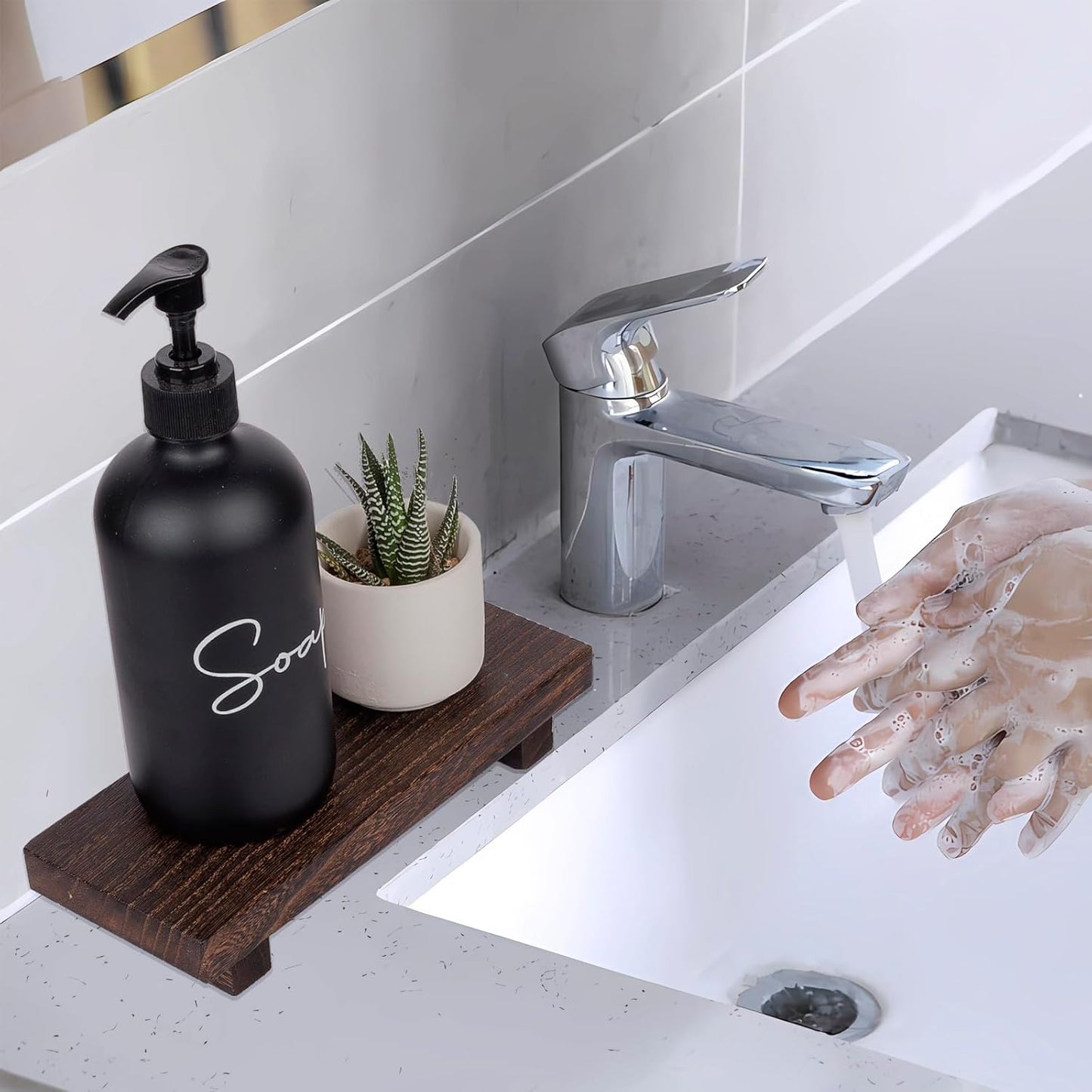 zoocatia Small Wood Tray Pedestal Stand Farmhouse Bathroom Decor Decorative Wooden Riser Kitchen Soap Dish Holder for Vanity, Counter, Sink, 9" x 5.9" - Black