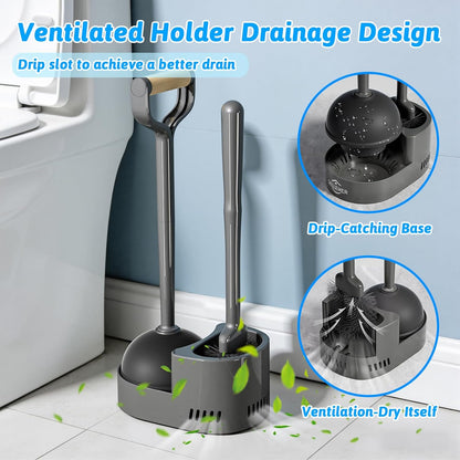 Sellemer Toilet Brush and Plunger Set, Curved Design Head for Deep Cleaning, Heavy Duty Toilet Bowl Brush and Plunger Combo with Holder for Bathroom Cleaning, Black, 2 Pack
