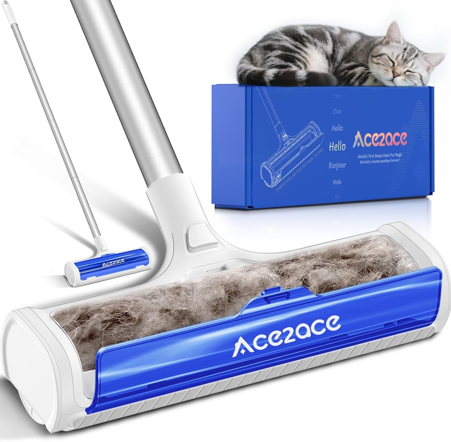 ACE2ACE A3 Pro Carpet Roller for Pet Hair, Carpet Pet Hair Removal Tool, Reusable Large Lint Rollers, 5 Feet Long Handle No Bending No Kneeling, Cat Dog Hair Remover for Carpet, Rugs, Mats, Black