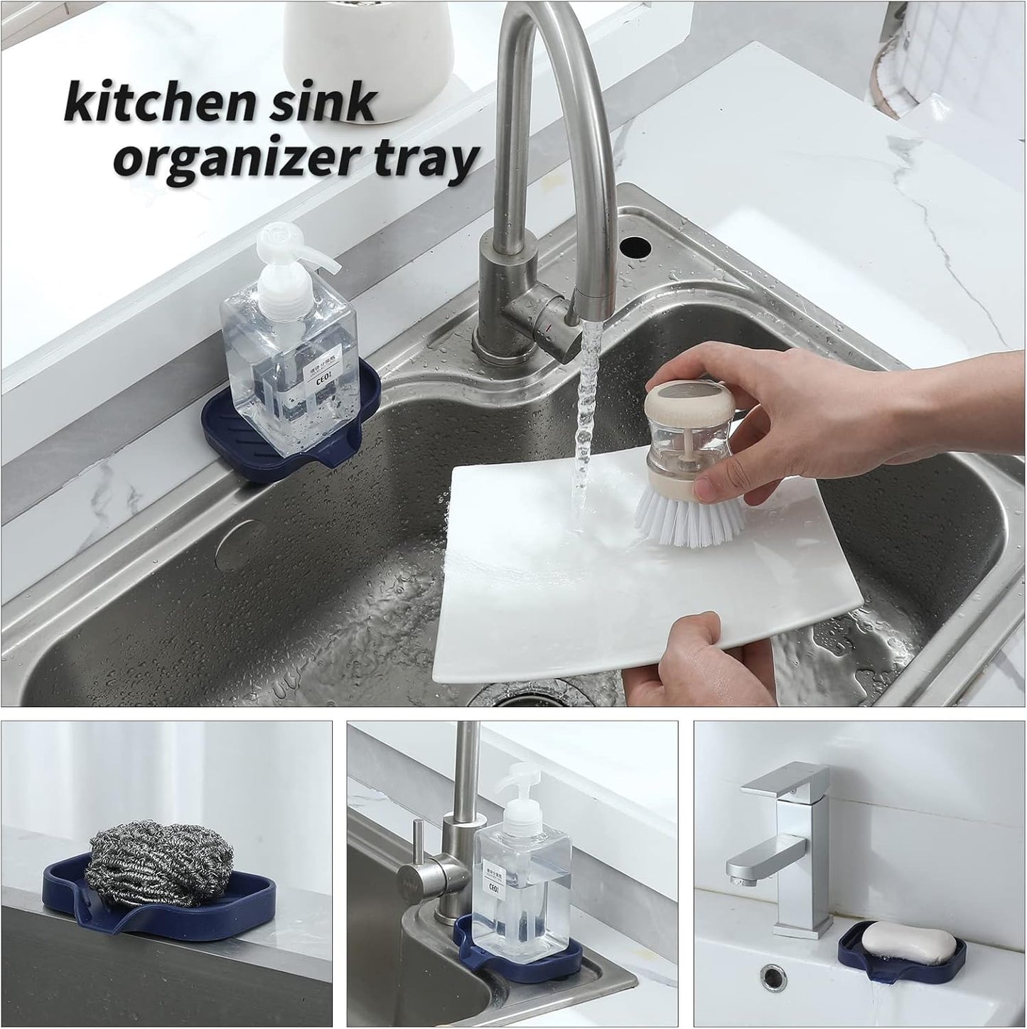 MicoYang Silicone Bathroom Soap Dishes with Drain Spout-Bathroom and Kitchen Sink Organizer,Sponge Holder,Dish Soap Tray,Perfect for Dispenser,Scrubber,Bottle,Cup on Sink or Counter-Black 4.9"×3.2"